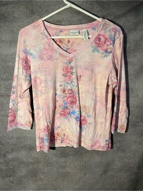 Covington Vintage Floral V-Neck 3/4 Sleeve Top Women's L Pink Rhinestone USA